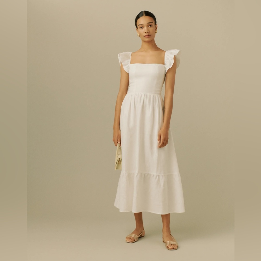 REFORMATION Lucila Ruffle Linen Dress in White Size US 4